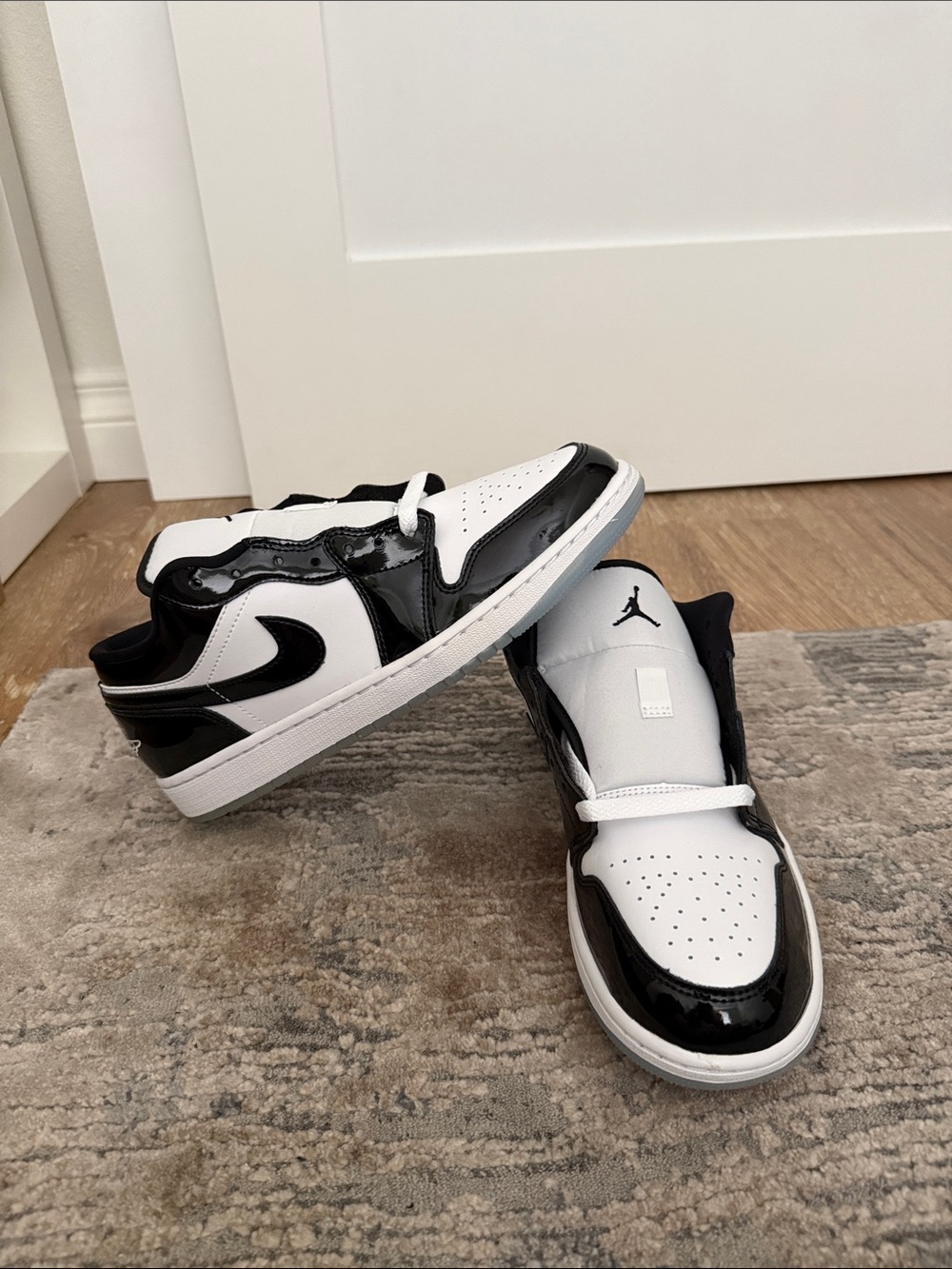 Jordan Low Top Sneakers in White and Black Patent